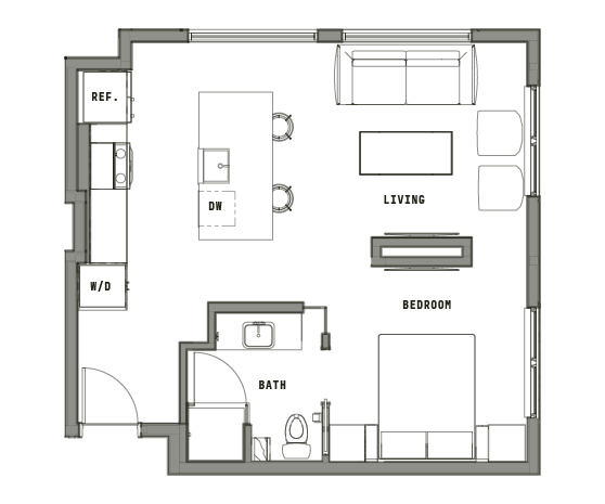 Open One Bedroom Corner – ID:4969500 Floorplan Image