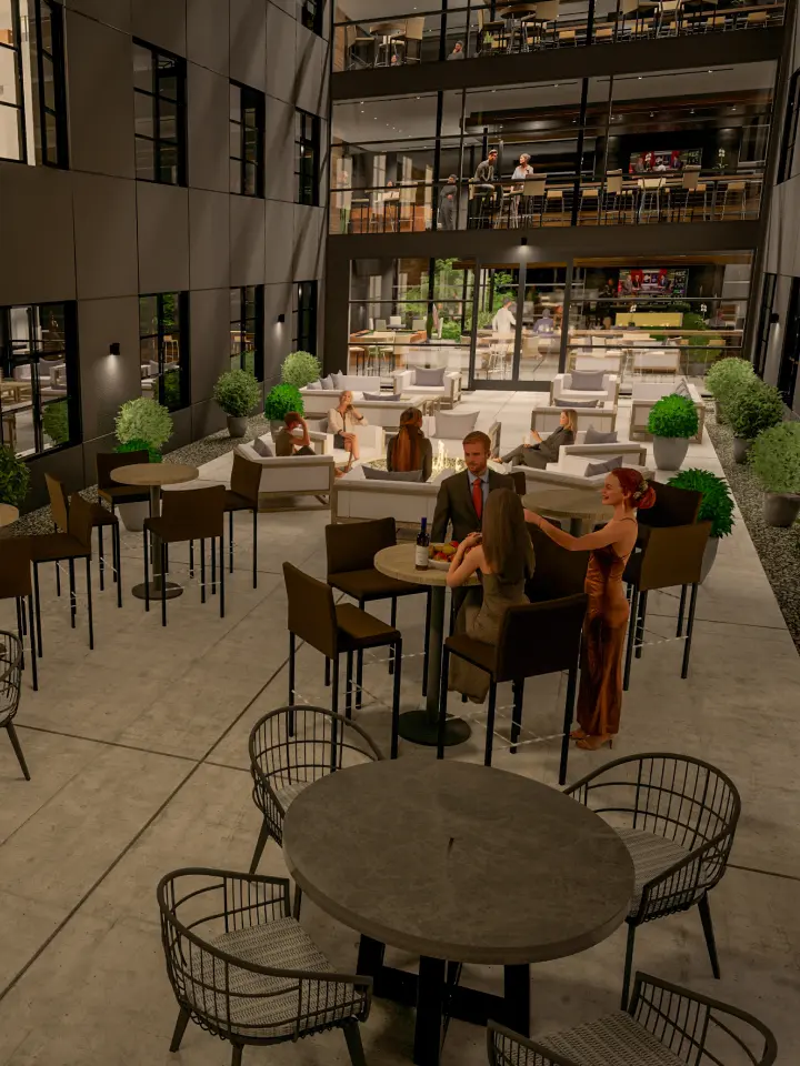 Courtyard Rendering Tenants Socializing Night | Salt Lake City Apartments