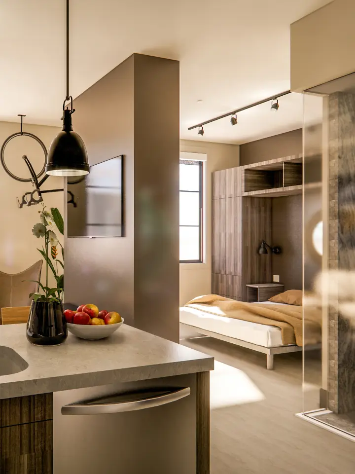 Rendering of open one bedroom unit from kitchen | Salt Lake City Apartments