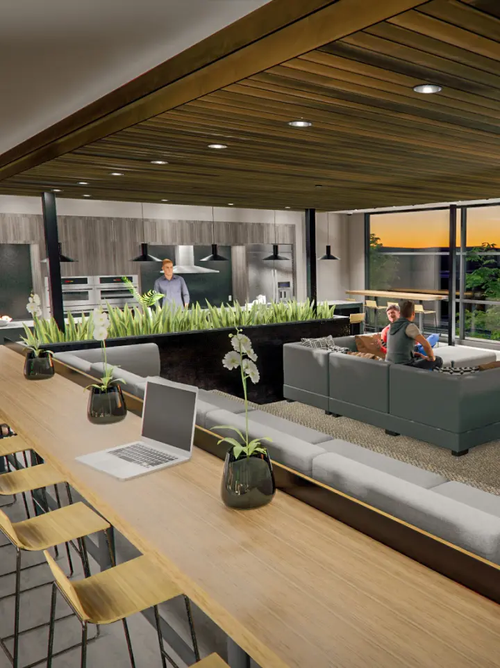 Commons Lounge and Kitchen Rendering Tenants Socializing Night | Salt Lake City Apartments