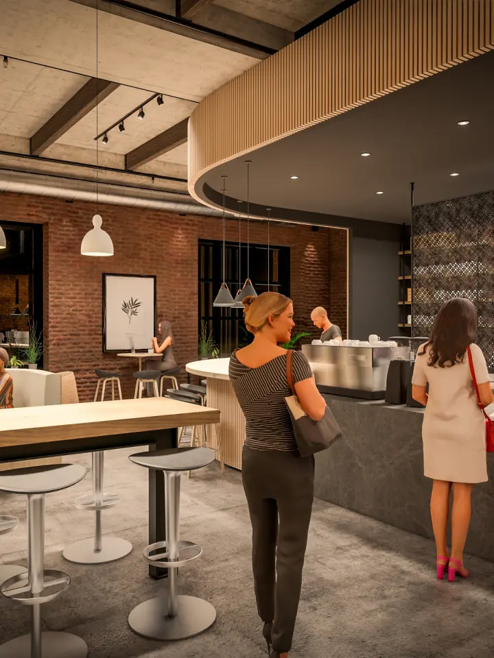 Coffee Shop Interior Rendering Nighttime | Salt Lake City Apartments